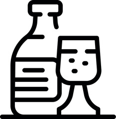 Bottle of wine standing on table with a glass of wine beside it, being poured for celebration