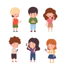 Set of cute children using mobile phones flat style, vector illustration