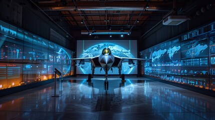 A modern training facility featuring a holographic simulation of a fighter jet in front of a digital globe projected on a large screen.