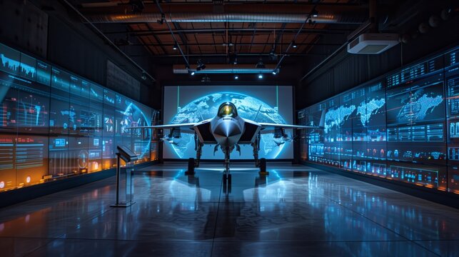 A modern training facility featuring a holographic simulation of a fighter jet in front of a digital globe projected on a large screen. - Powered by Adobe
