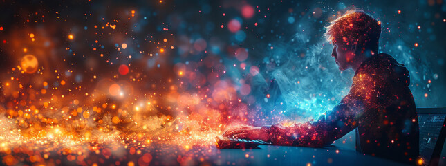 scientific discovery on a computer, dynamic angle, watercolor illustration,generative ai