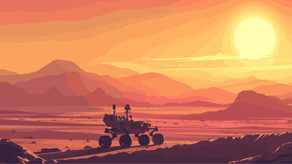Cartoon Style Martian Landscape at Sunset. The Rover Stands on the Plateau Against the Background of the Setting Sun and Mountains. Game Style Space Exploration Red Planet