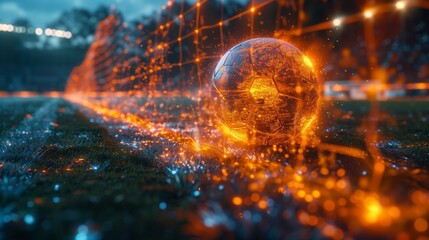 A glowing, holographic soccer ball rests on the turf, illuminated against a blurred background of a stadium at night.