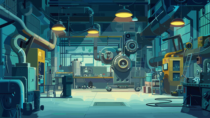 Cartoon Style Production Hall with Various Equipment, Metal Pipes, and Lighting Fixtures. Game Style Illustration Industrial Manufacturing Facility Factory Interior Clipart