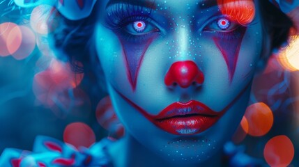 A striking portrait of a person with a clown makeup featuring a red nose and blue-hued skin illuminated by bokeh lights
