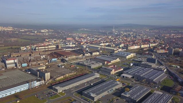 Aerial view of industrial zone in the city. Factories, facilities, manufactoring plants in Pilsen, Czech republic, European union