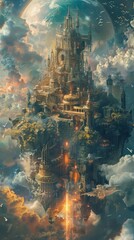 Stunning fantasy castle floating in the sky surrounded by clouds, showcasing ethereal architecture and a dreamlike atmosphere.