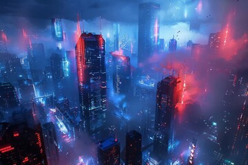 Fototapeta premium Futuristic cityscape with vibrant neon lights and towering skyscrapers emerging through the mist, creating a cyberpunk atmosphere.