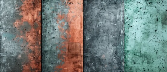 Concrete wall showing colorful texture with teal, copper and grey tones background