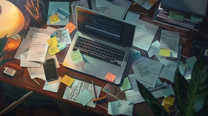 A cluttered desk with a laptop, papers, sticky notes, and a smartphone. The desk is illuminated by a lamp in the background.
