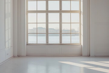 Obraz premium Bright interior space with large window overlooking cityscape and river