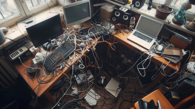 A cluttered desk with multiple electronics, including a laptop, desktop computer, and a keyboard, covered in a tangled mess of cords and cables.