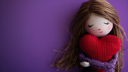 Fototapeta premium Doll holding a textile red heart on a purple background