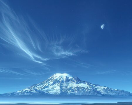 Stunning snow-capped mountain under a clear blue sky with wispy clouds and a visible crescent moon in the daytime