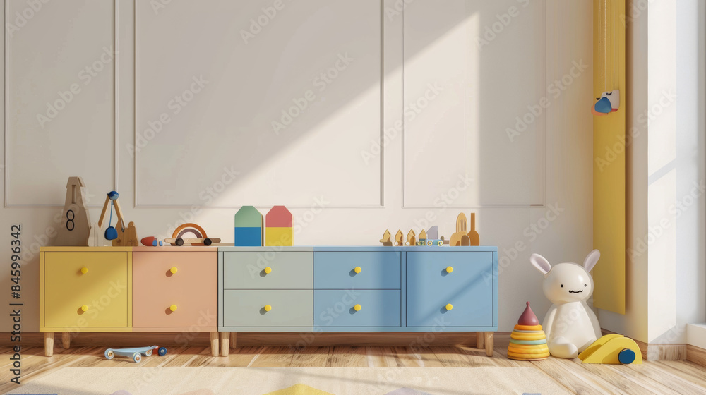 Wall mural Interior design of a bedroom with furniture, toys, and colorful cabinets. Childroom