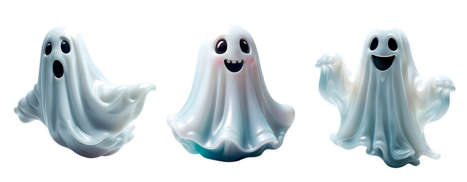 Grupo de &iacute;cones de fantasmas 3d de dia das bruxas em fundo transparente, sem fundo