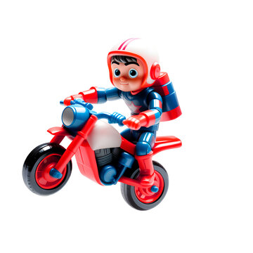 Jovem motoqueiro de brinquedo em fundo transparente, sem fundo.