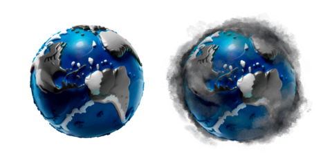 Grupo de planetas terras poluídos com fumaça em fundo transparente, sem fundo.