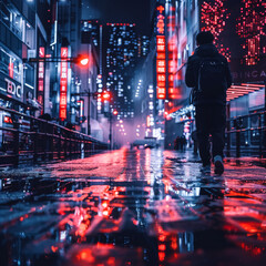 A man walks down a city street at night, with neon signs and lights illuminating the area. The scene is a reflection of the city's vibrant nightlife and bustling atmosphere
