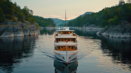 Naklejka premium Luxury Yacht Sailing Through Serene Mountainous River Canyon During Sunset, Surrounded by Lush Green Trees and Beautiful Scenery