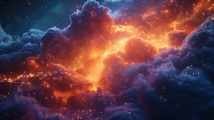 Illuminate a digital sky with radiant clouds, forming a mystical network symbol on an isometric canvas.