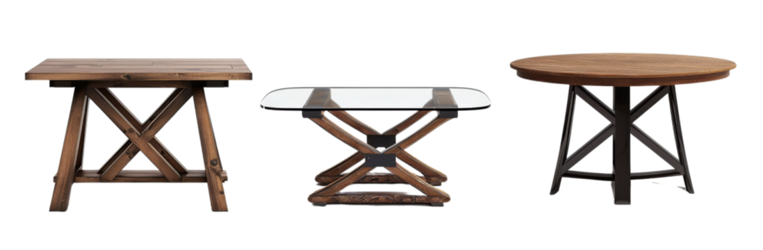 Variety of Modern Tables - Glass Coffee, Wooden Dining, Metal Side Table Set on White Background