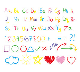 Scribbles with the texture of wax colored pencils or crayons. Chalk alphabet, numbers, children's drawings. Vector illustration