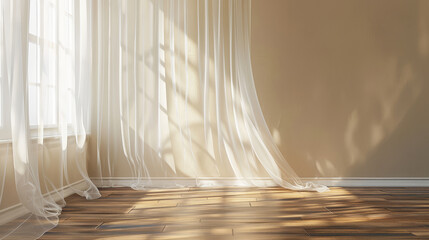 White transparent curtains fluttering in the wind in an empty room. Background, Interior.