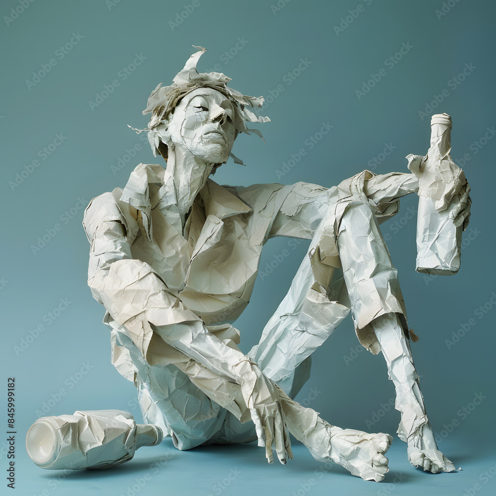 Wall mural alcoholic, drunkard, man in a relaxed pose with a bottle in his hand. figure made of crumpled paper 