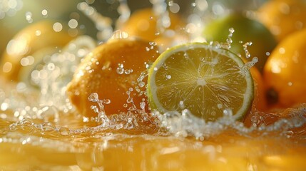 Vivid image of a sliced lemon with sparkling water droplets and a warm golden background
