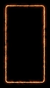 Animated frame with subtle fire effect around the edges, burning effect, orange, yellow and white colors. Seamless loop. Vertical. Black background. Ideal for composition and wallpaper. Copy space.