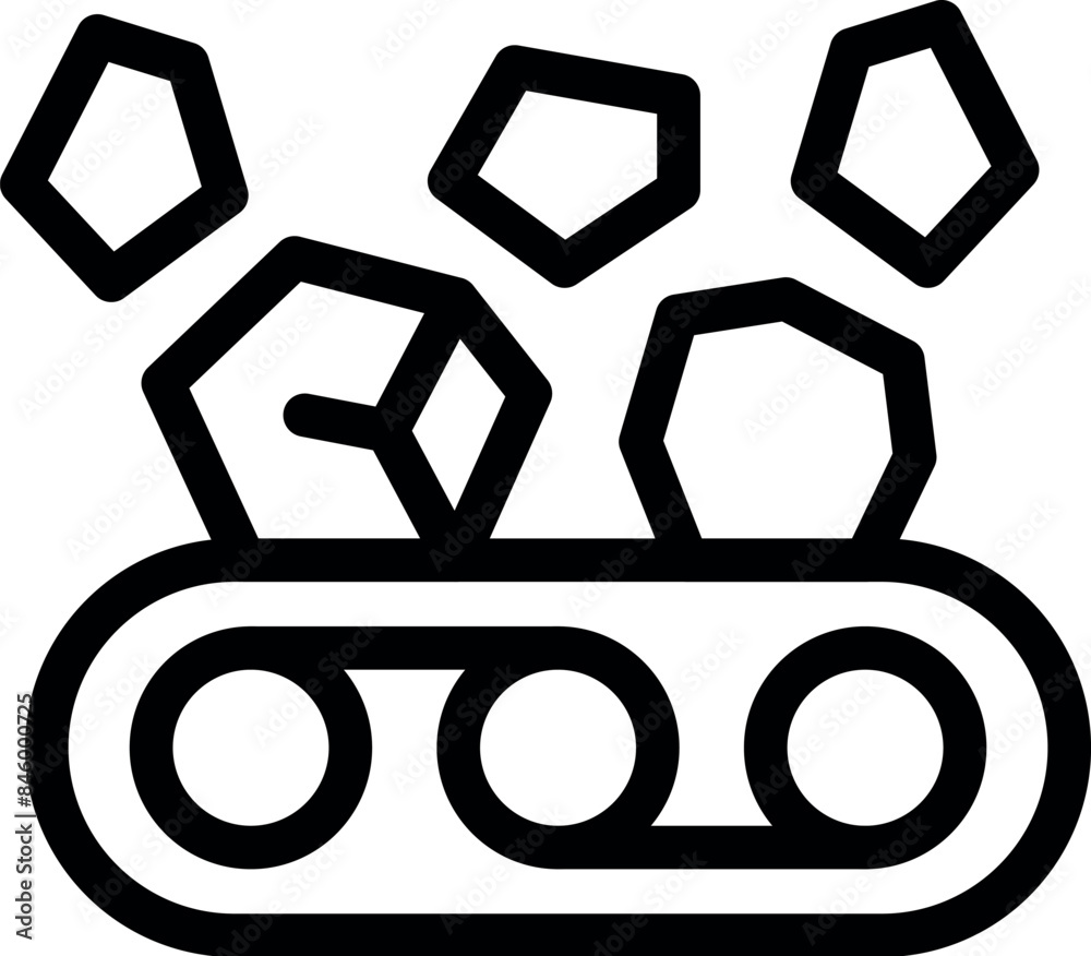 Poster line drawing of a conveyor belt moving ice cubes, representing ice production, storage, or transport