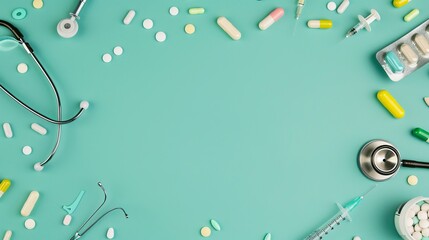 Fototapeta premium Pills and medical equipment, including a stethoscope, syringe, and scissors arranged at the border on a green banner background. Top view with ample copy space. 