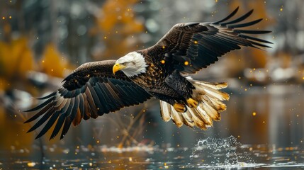 An eagle glides close to the water, creating ripples as it prepares to catch its prey, with a backdrop of autumn foliage