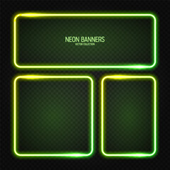 Glowing neon banners, illuminated colorful square frames. Shiny vibrant border, glow effect. Green vintage retro lights, night illumination. Modern futuristic UI design elements. Vector illustration