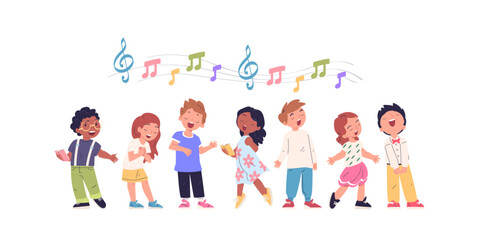Children singers. Child school church chorus, kid singer sing on stage kids singing practice in choir, boy and girl musical activity cartoon characters, classy vector illustration