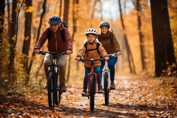 Obraz premium Family cycling trips in autumn in park or forest, active recreation for children with parents