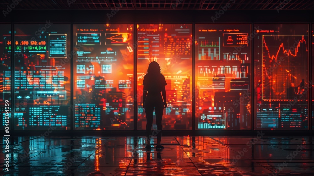 Poster a woman stands in front of a large window displaying interactive charts and graphs, creating an imme