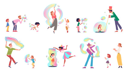Soap bubble show. People play blowing big giant bubble children playing blower toy foam birthday party, fun kids game or circus animators performance classy vector illustration