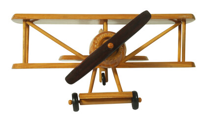 Vintage wooden plane toy isolated on white background. Childhood memories concept