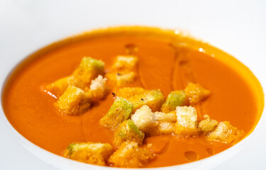 Creamy tomato soup or bisque with croutons, delicious rich smooth texture, perfect healthy lunch