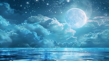 A romantic scene of the moon with clouds and a starry sky casting its glow over sparkling blue water. 