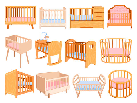 Cartoon baby cots. Newborn crib, wooden swinging cradle child cot mobile carousel infant bed cot bedroom nursery kid sleep room furniture, babies cradles swanky vector illustration