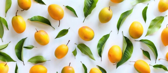 Mango and leaves arranged creatively in a flat lay on a white surface, emphasizing a vibrant food concept.
