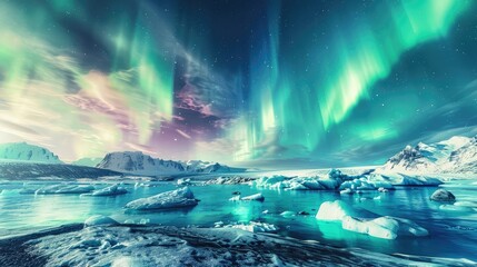 Iridescent glacial lagoon dotted with turquoise icebergs under a sky painted with vibrant auroras.