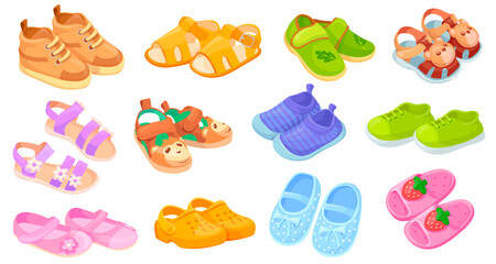 Cartoon baby shoes. Cute child footwear, kids colorful shoe fashion sport sneakers sandals new collection for little girl or boy, children casual footwears neat vector illustration