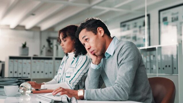 Business, burnout and tired man in office typing online proposal, report and client feedback. Fatigue, overworked and bored consultant with web, search and b2b communication, low energy and exhausted