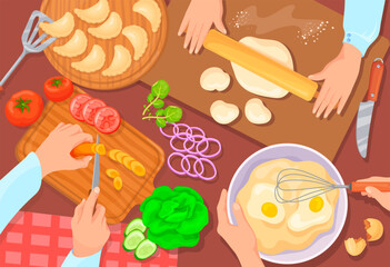 Hands cooking top view. Kitchen team cook together culinary workshop, chef hand knife chopping vegetable ingredients preparing healthy food on table banner neat vector illustration