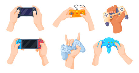 Hands hold gamepad. Gamer hand holding gamepads controller, gaming joystick for game console control, videogame cybersport © ssstocker