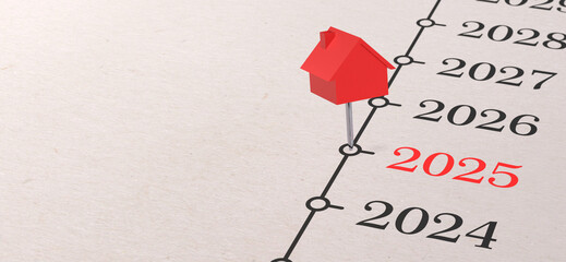 Year 2025 marked with a red house pin on a timeline